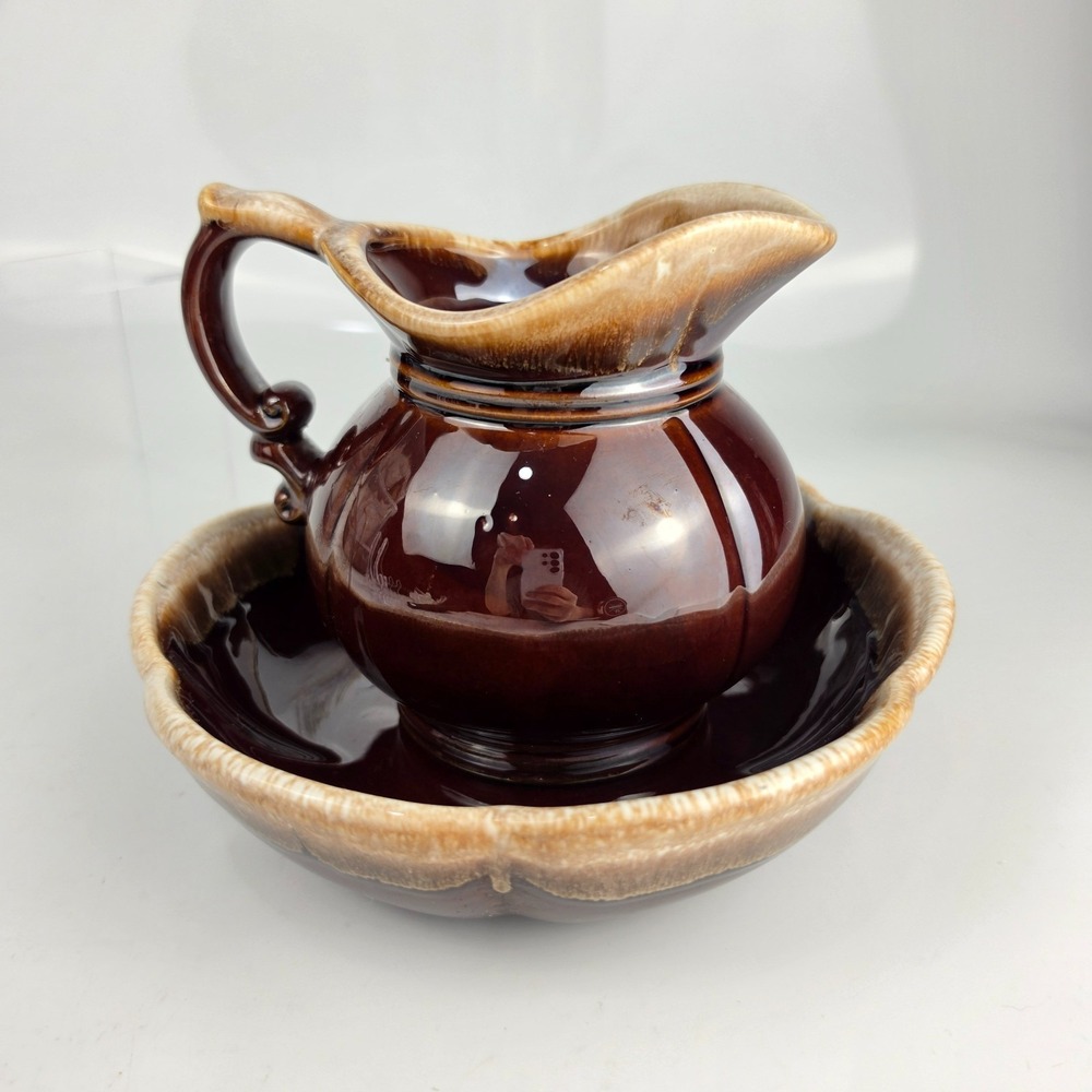 McCoy‎ Pottery Pitcher Wash Bowl Set #7528 Brown Drip Glaze USA Vintage MCM